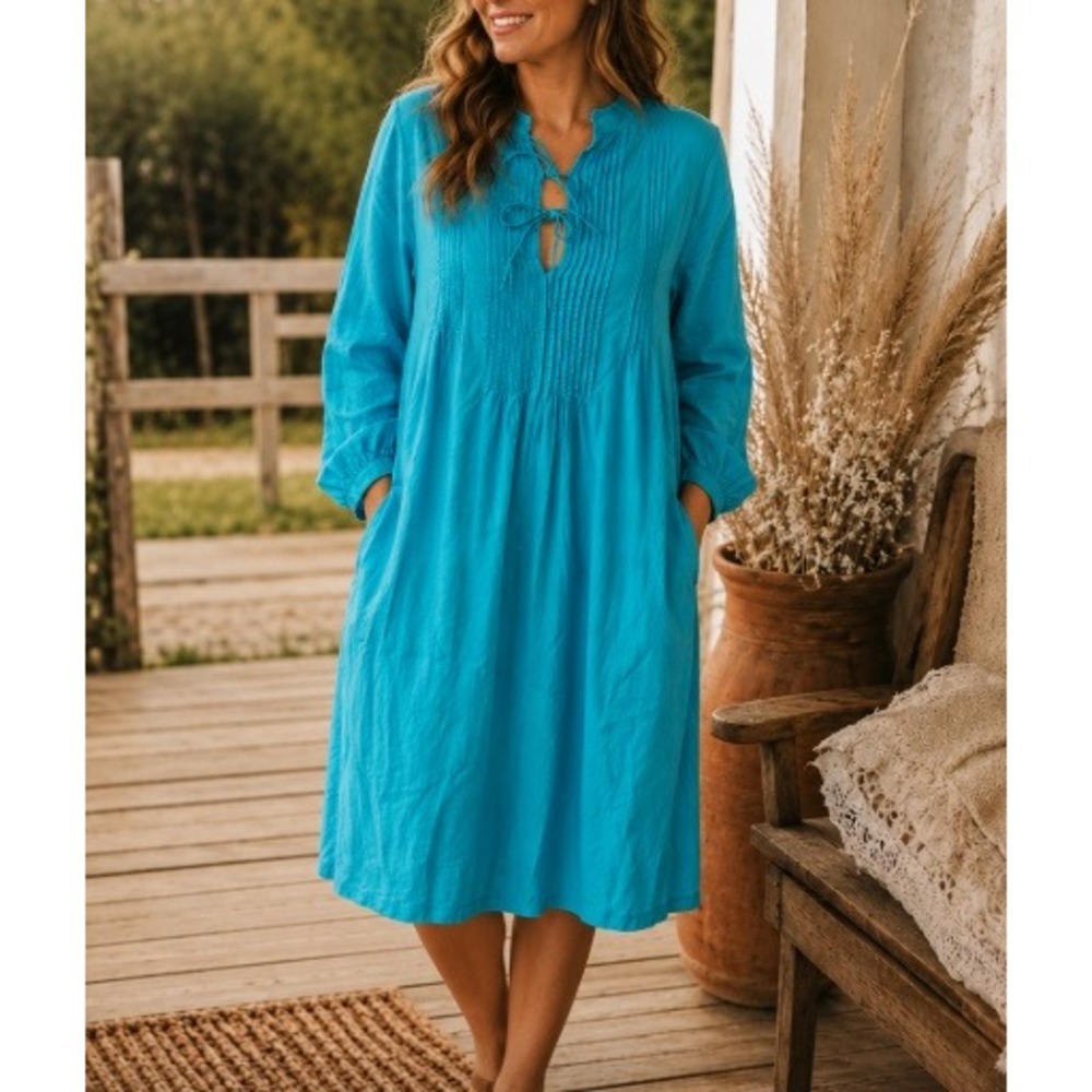 J Peterman Womens Pintuck Tie Front Midi Dress Cotton Blue Boho Cottagecore XXL